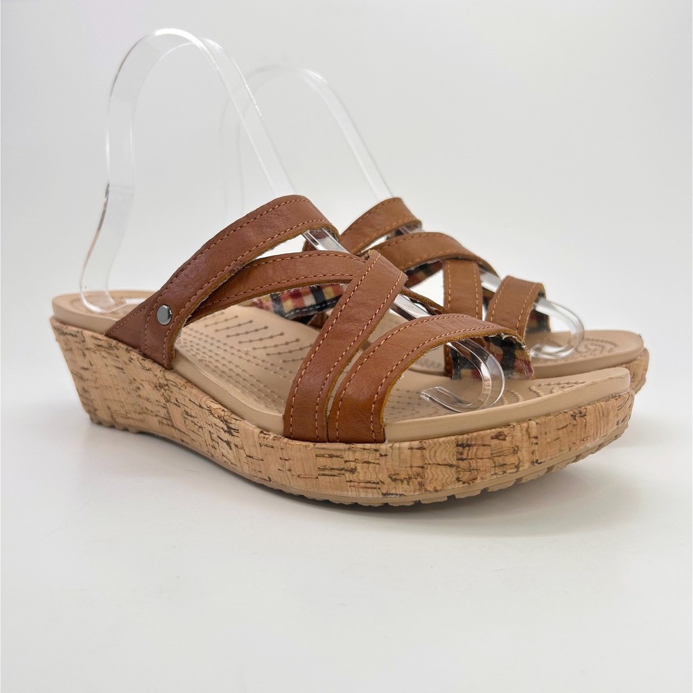 Crocs A-Leigh Leather Cork Wedge Sandals Brown Strappy Slip On Womens 8 Comfort